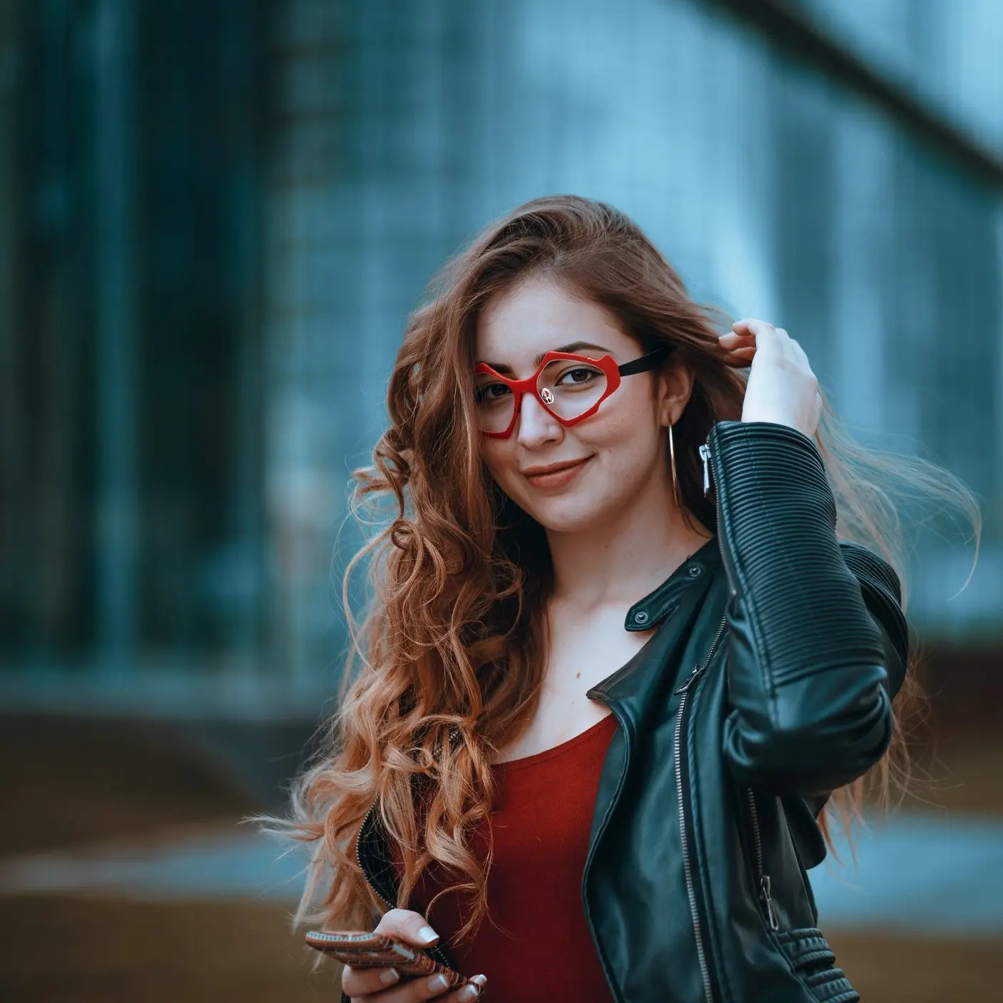 Model wearing VoyueLens™ VL185811 geometric eyeglasses in Crimson Noir